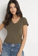 Koszulki i topy damskie - Ciemnobeżowy T-shirt z Bawełny z Dekoltem w Serek Liniviela - miniaturka - grafika 1