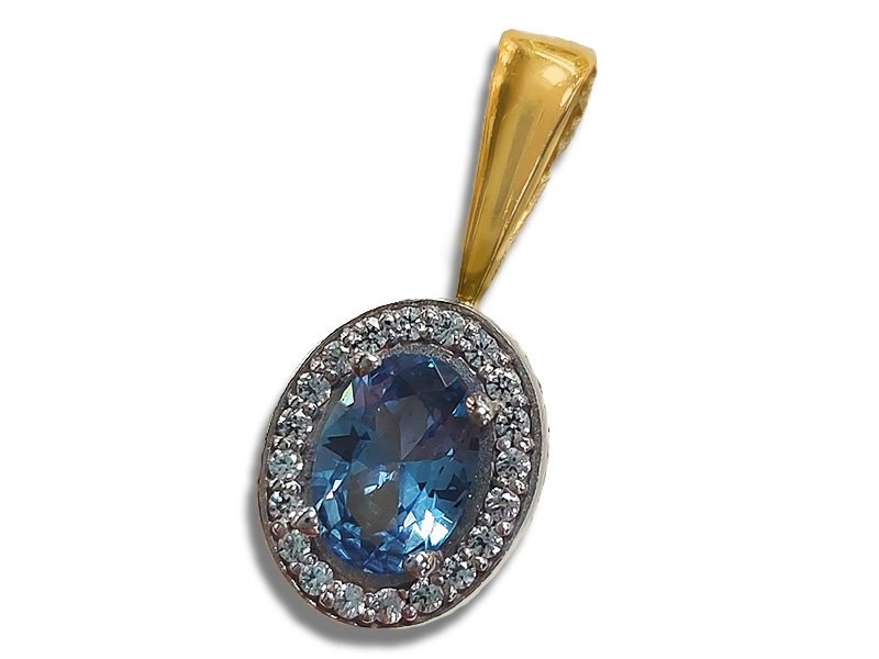 Złota przywieszka 585 owalna z niebieską cyrkonią 2,16 g