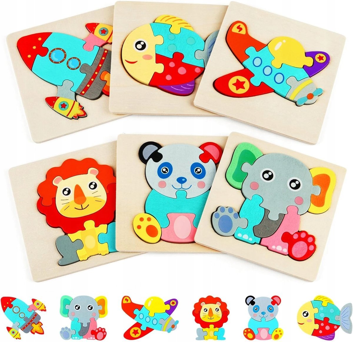 DREWNIANE PUZZLE 3D DLA DZIECI 6W1 EDUKACYJNE ZWIERZĘTA NA PREZENT