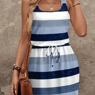 Sukienki - TEMU Wiosenno-Letnia Sukienka Damska Bez Rękawów z Elastycznym Pasem w Paski, Casual na Wakacje - miniaturka - grafika 1
