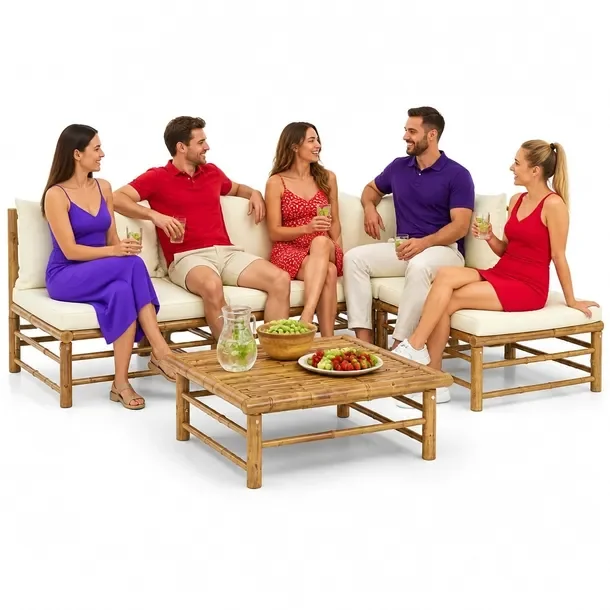 Bambusowy zestaw wypoczynkowy do ogrodu kremowy, wymiary: 65x70x60 cm, 70x7