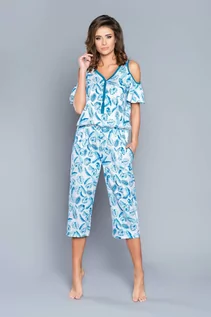 Piżamy damskie - Biała jednoczęściowa piżama damska w niebieskie listki z odkrytymi ramionami - spodnie 3/4 nogawka - grafika 1