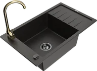 Zlewozmywaki z baterią - Mexen Elias zlewozmywak granitowy 1-komorowy z ociekaczem i baterią kuchenną Telma, czarny/złoty - 6511-75-670200-50-B - miniaturka - grafika 1