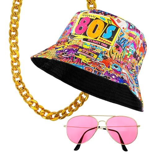 W WIDMANN MILANO Party Fashion - Zestaw hip-hopowy z lat 90-tych, kapelusz rybaka, okulary, łańcuszek, pierścionek, akcesoria do kostiumów fantazyjnych