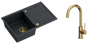 Quadron Zlewozmywak granitowy jednokomorowy 78*50*22 cm z ociekaczem MORGAN 111 BLACK DIAMOND ze złotym odpływem z baterią JODIE Q LINE SLIM kolor złoty - Zlewozmywaki z baterią - miniaturka - grafika 1
