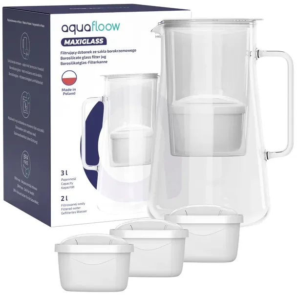 Dzbanek filtrujący szklany AquaFloow MaxiGlass 3l biały + 4x filtr
