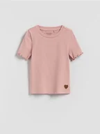 Koszulki dla dziewczynek - Reserved - Prążkowany t-shirt z haftem - różowy - miniaturka - grafika 1