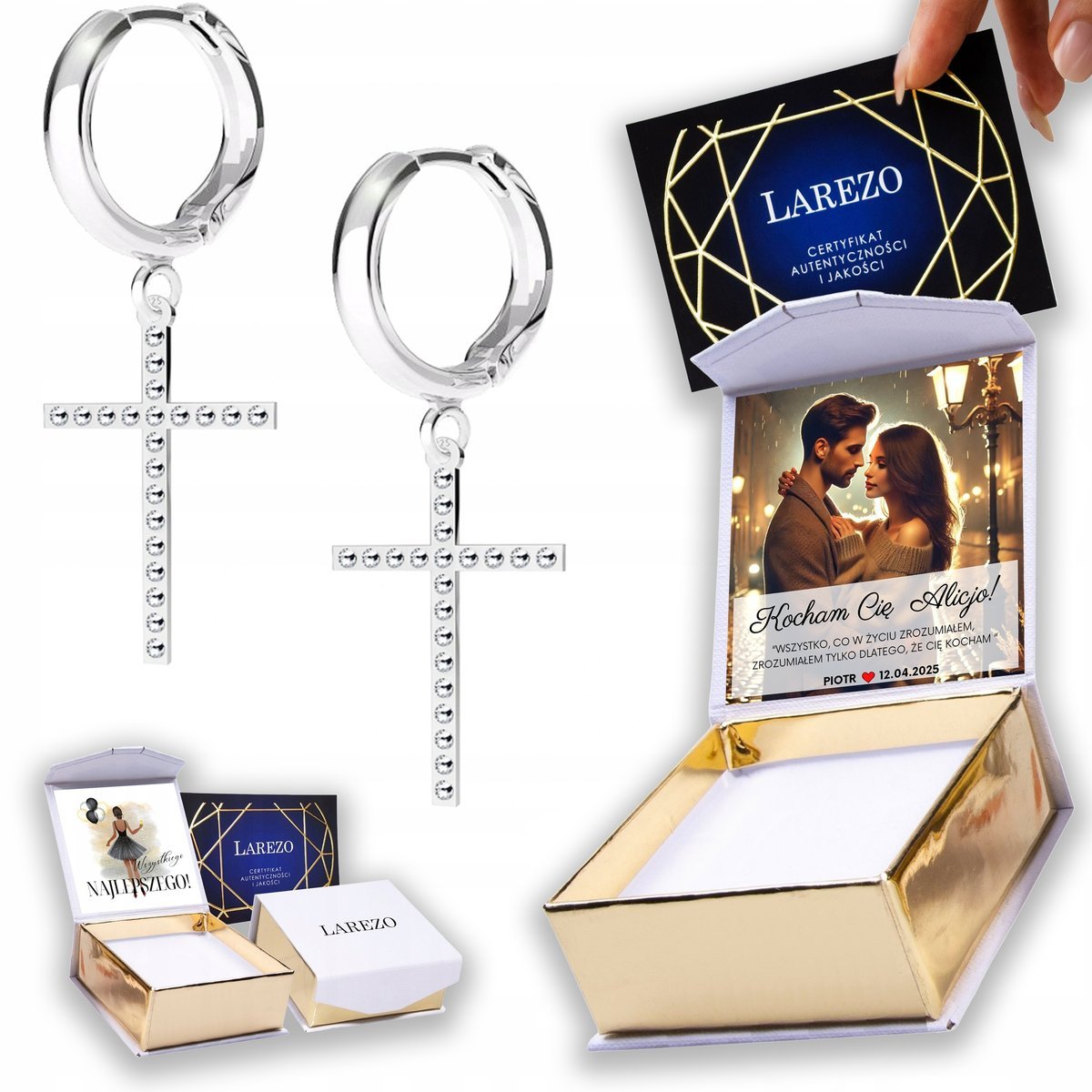 Kolczyki Srebrne 925 Krzyżyk Cross Krzyże Krzyżyki z Cyrkoniami NADRUK