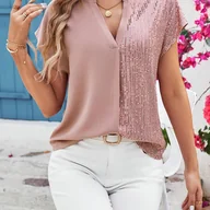 Koszule damskie - TEMU Bluzka Damska z Eleganckimi Rękawami Batwing i Cekinami – Jednokolorowa, Pranie Maszynowe, Nieprześwitująca Tkanina na Każdą Porę Roku, - miniaturka - grafika 1