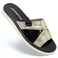 Kapcie damskie - PanSzew ZJAWISKOWE Kapcie Damskie Skórzane Wygodne Pantofle PREMIUM Złote 36-41 - miniaturka - grafika 1