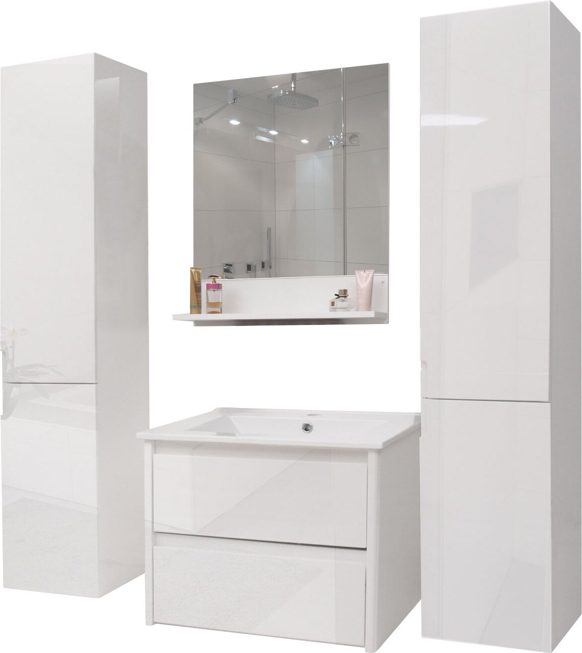 Zestaw łazienkowy HWC-B19, umywalka ścienna lustro 2x szafka ścienna, wysoki połysk ~ biały