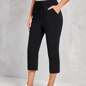 Inne - TEMU Damskie spodnie capri z kieszeniami, jednokolorowe poliestrowo-spandexowe materiały z dzianiny, elastyczny pas z paskiem, regularny kształt na - miniaturka - grafika 1