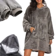 Bluzy damskie - Koc bluza z kapturem 2w1 ocieplana szara kocobluza gruba oversize futrzak - miniaturka - grafika 1