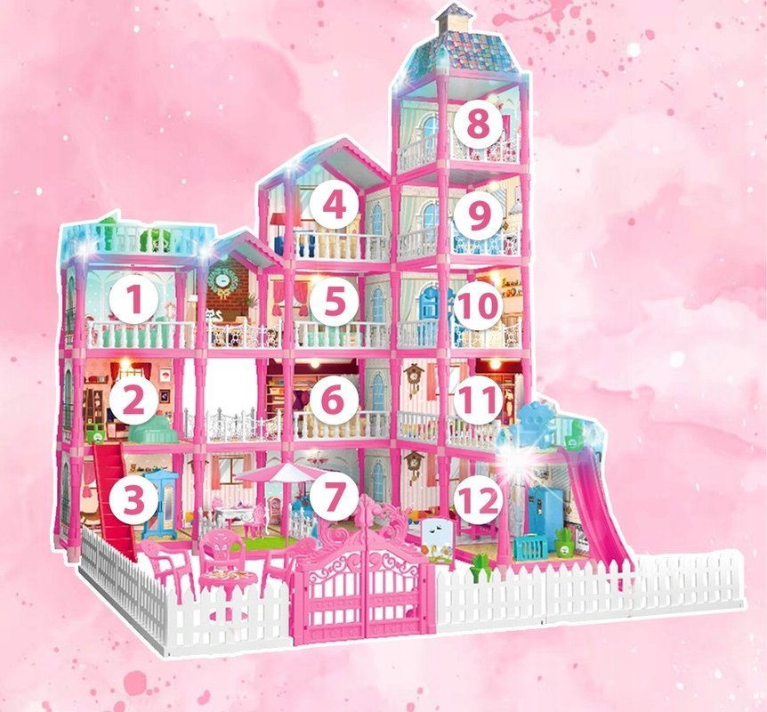 DUŻY DOMEK DLA LALEK WILLA MEBLE LALKA PIESKI TARAS OGRÓD 5 POZIOMÓW 78CM