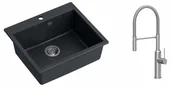 Zlewozmywaki z baterią - Quadron Zlewozmywak granitowy jednokomorowy 57*50*22 cm MORGAN 110 BLACK DIAMOND ze stalowym odpływem z baterią MARILYN Q LINE z ruchomą wylewką kolor stal szczotkowana - miniaturka - grafika 1