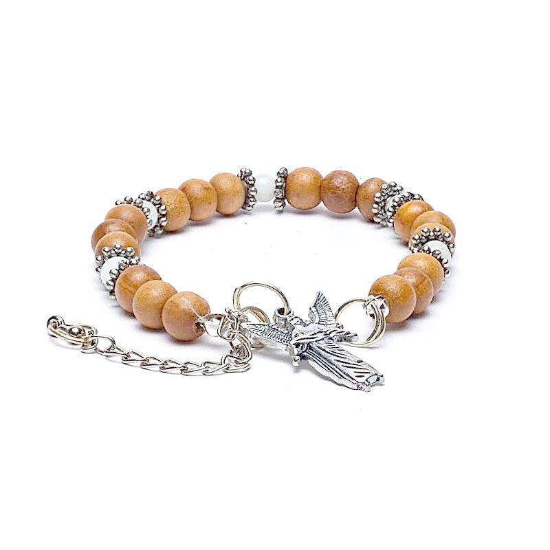 Bransoletka anielska (miniaturka Archanioła Gabriela + drewno + kamień księżycowy)