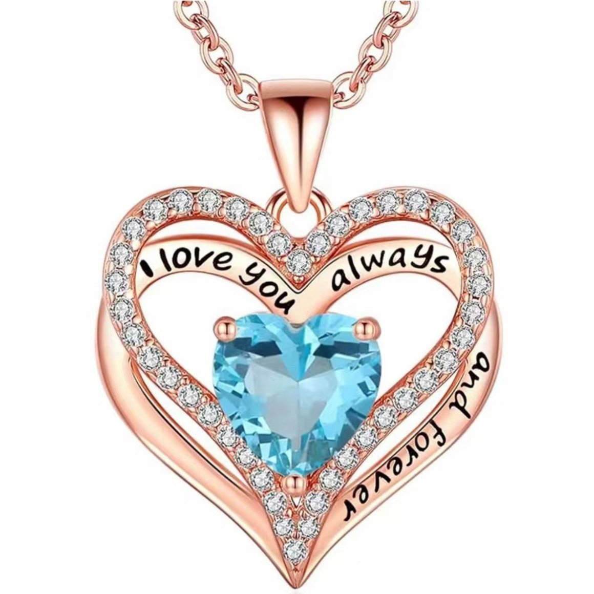 Naszyjnik Różowe Złoto Serce I Love You Akwamaryn Cyrkonie Stal Szlachetna