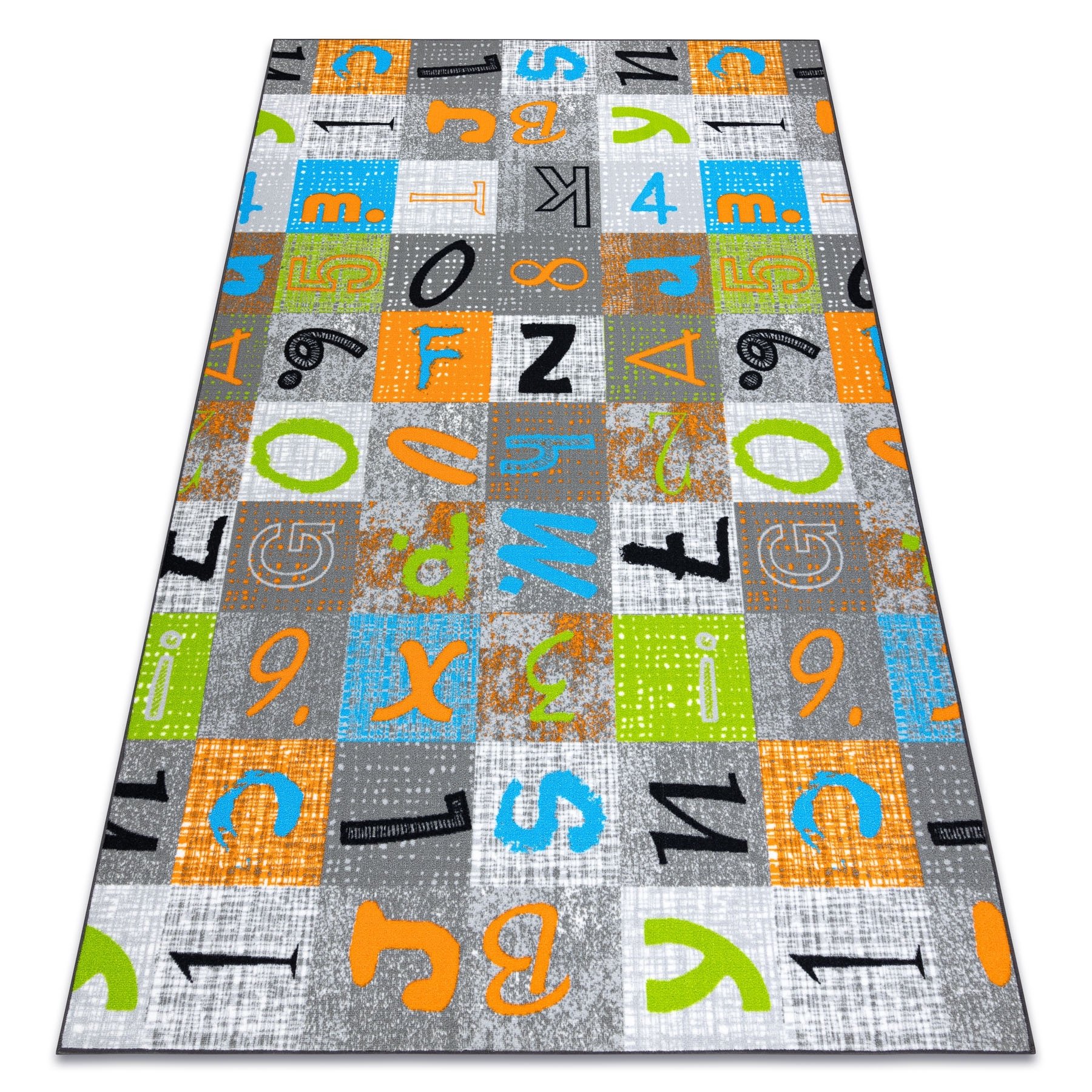 Dywan dla dzieci JUMPY Patchwork, Litery, Cyfry szary / pomarańczowy / niebieski wielokolorowy 100x250 cm