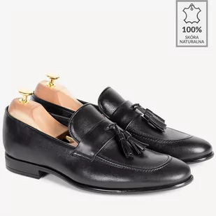 Loafersy ze skóry naturalnej z frędzlami Javier czarne - BRILU - Półbuty męskie - miniaturka - grafika 1