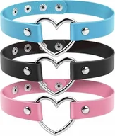 Biżuteria dla dzieci - CHOKER NA SZYJĘ GOTYCKI GRUBY 3x OBROŻA SERCE REGULOWANY SKÓRZANY ROCK PUNK - miniaturka - grafika 1