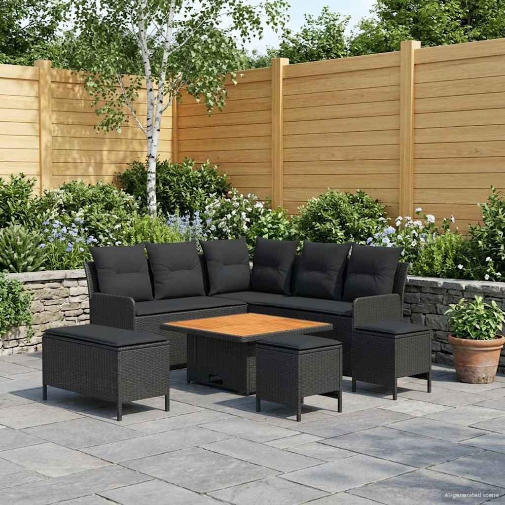 vidaXL Zestawy mebli z poduszką 7 pcs Czarny Rattan PE