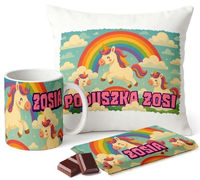Zestaw Kubek Poduszka Czekolada z Imieniem Prezent Jednorożec Tęcza