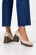 Czółenka - Beżowe czółenka skórzane damskie na ozdobnym klocku PRODUKT POLSKI Casu 2599-198-786 - miniaturka - grafika 1