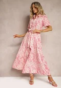 Sukienki - Różowa Sukienka o Koszulowym Kroju w Kwiaty z Materiałowym Paskiem Freria - miniaturka - grafika 1