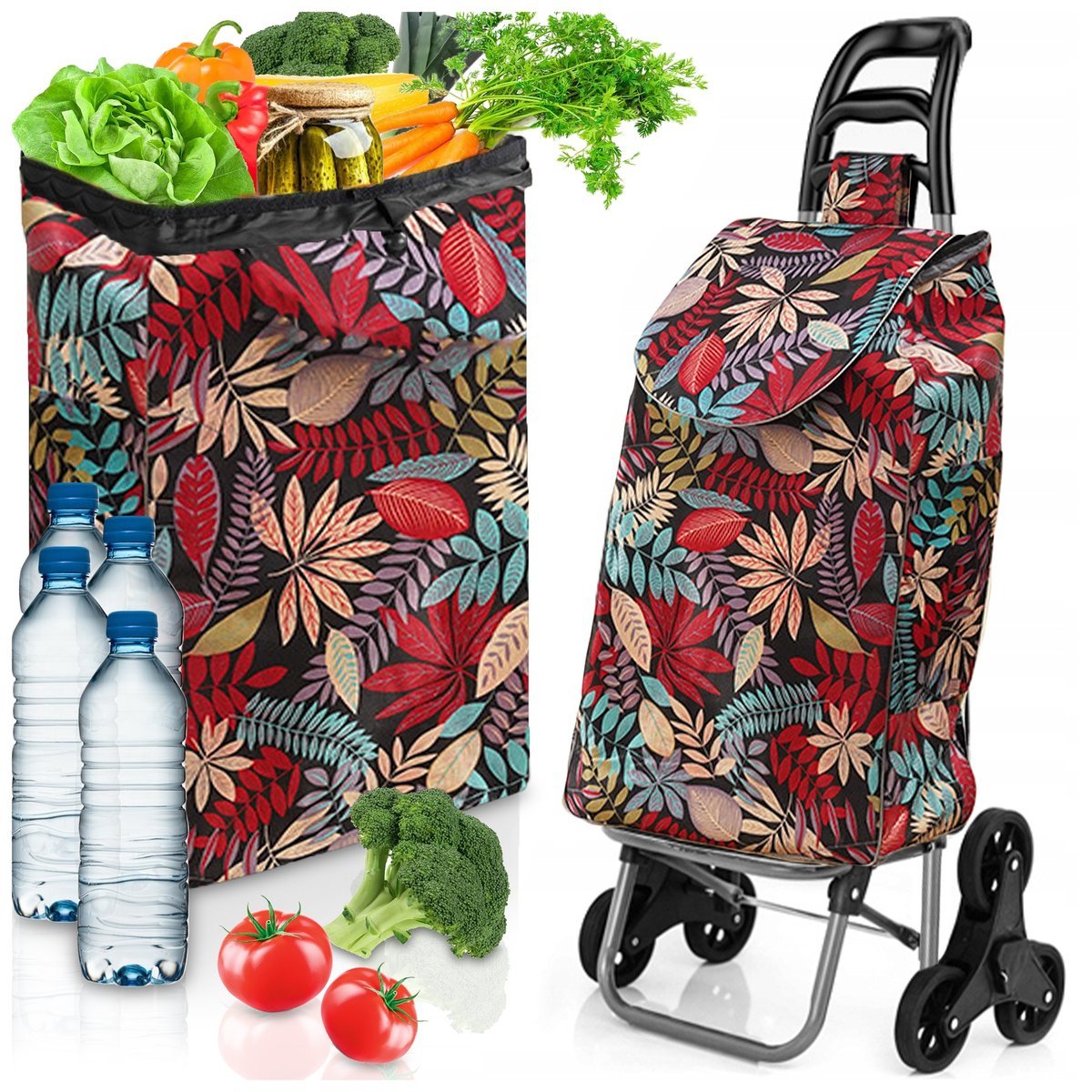 WÓZEK ZAKUPOWY SCHODOWY TORBA NA ZAKUPY NA KÓŁKACH WODOODPORNA W LIŚCIE 35L