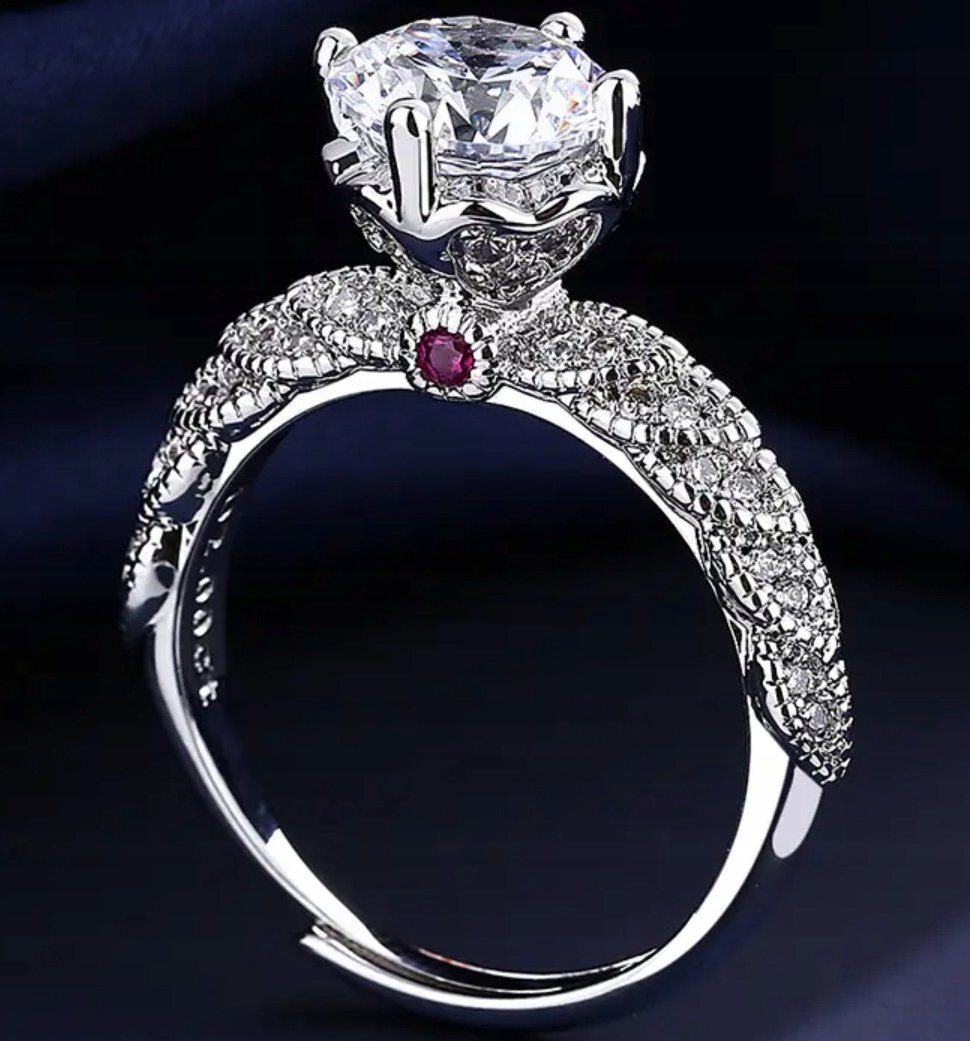 Srebrny Pierścionek z Dużym Brylantem Cyrkonią Rubin Stal Chirurgiczna