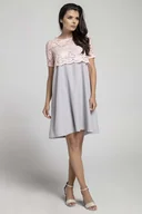 Sukienki - Szara Wizytowa Sukienka Trapezowa z Koronkową Nakładką - miniaturka - grafika 1