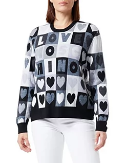 Swetry damskie - Love Moschino Damski sweter z długim rękawem z serduszkami, Multicuore/Grey, 46 - grafika 1