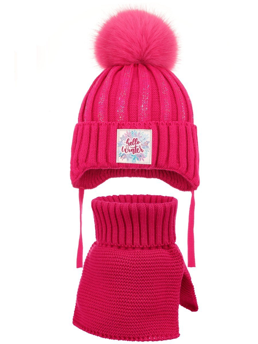 Dziewczęcy komplet zimowy czapka i komin hello winter fuksja Ambra r.46/48