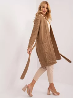 Swetry damskie - Kardigan camelowy casual narzutka rękaw długi długość długa kieszenie - grafika 1