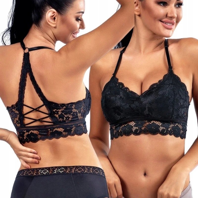 CZARNY KORONKOWY TOP BIUSTONOSZ KRÓTKI PUSHUP PUSH RAMIĄCZKACH DEKOLT 40 L