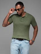 Koszulki męskie - Męska koszulka polo z wiskozą SLIM FIT w pionowy prążek oliwkowa V4 OM-POSS-0143 XXL - miniaturka - grafika 1