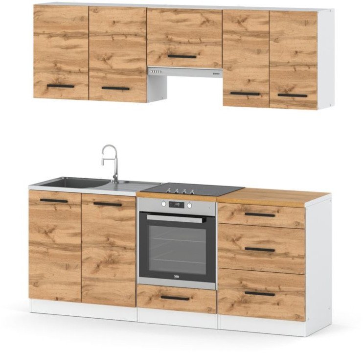 Kuchnia Nowoczesna Modułowa Z Blatem Drewniana 2.0m Mała Biała Dąb Wotan
