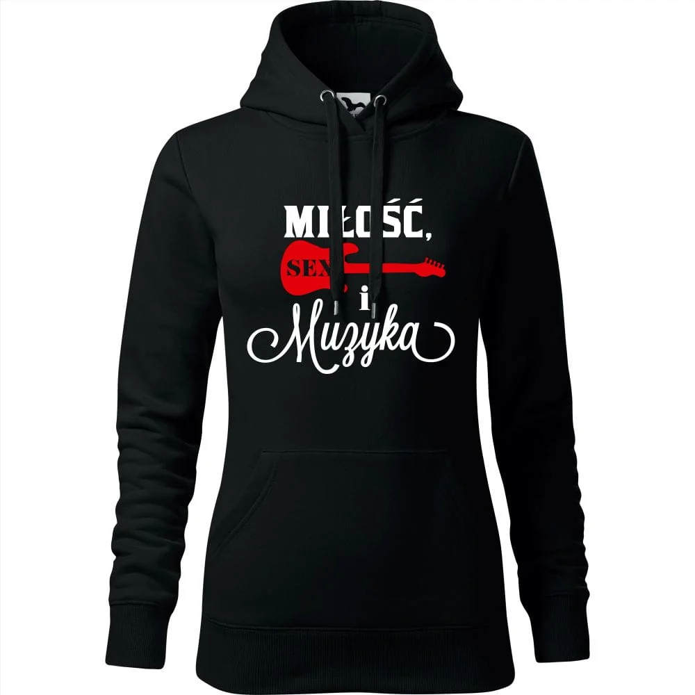Damska Bluza Z Kapturem - Miłość, Sex I Muzyka Czarny 2xl
