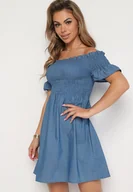 Sukienki - Jasnoniebieska Bawełniana Sukienka Typu Hiszpanka z Marszczoną Górą Rialifea - miniaturka - grafika 1