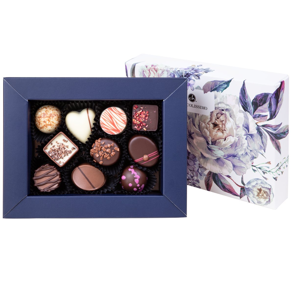 10 pralin z belgijskiej czekolady wykonanych ręcznie z kwiatowym motywem na pudełeczku Idealny prezent na Dzień Mamy, Dzień Kobiet, Dzień Babci 125 g