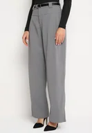 Spodnie damskie - Szare Garniturowe Spodnie o Szerokim Kroju z Gumką i Paskiem w Talii Verittha - miniaturka - grafika 1