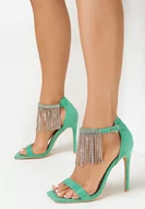 Sandały damskie - Zielone Sandały na Szpilce z Łańcuszkami Luzuli - miniaturka - grafika 1