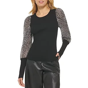 DKNY Women's Printed Long Sheer Puff Sleeve Round Neck Mixed Media Top, Black/Multi, S, czarny/multi - Koszulki i topy damskie - miniaturka - grafika 1