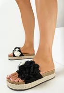 Klapki i japonki damskie - Czarne Klapki na Plecionej Platformie z Ozdobnymi Kwiatami Serana - miniaturka - grafika 1