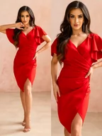 Sukienki - Sukienka elegancka czerwona dopasowana z marszczeniami kopertowy dekolt i falbanki na rękawach Lena - PERFE - miniaturka - grafika 1
