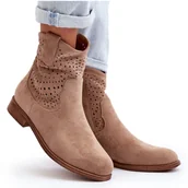 Botki damskie - S.barski HY66-135 Damskie Ażurowe Botki Na Płaskim Obcasie Beżowe beżowy - S.Barski - miniaturka - grafika 1