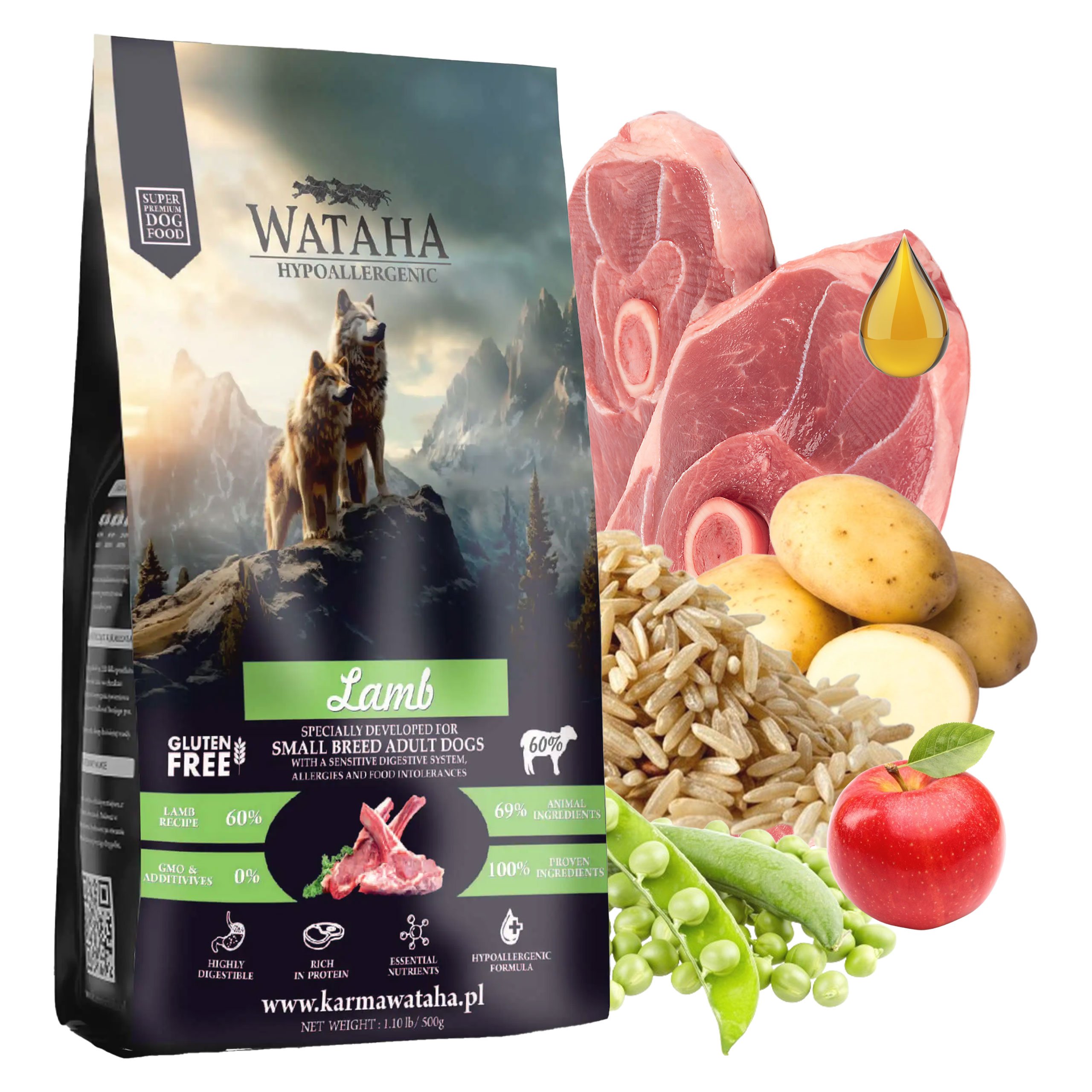 WATAHA HYPOALLERGENIC KARMA SUCHA DOROSŁY MAŁE RASY JAGNIĘCINA Z RYŻEM 2 kg