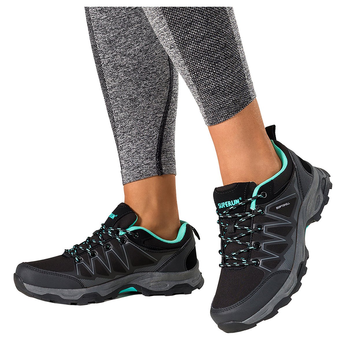 Czarne buty trekkingowe damskie buty sportowe softshell na bieżnikowanej podeszwie sznurowane turkusowe wstawki Carla 8452-41