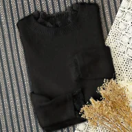 Swetry damskie - TEMU Sweter Damski z Eleganckim Koronkowym Wykończeniem i Okrągłym Dekoltem - Miękka, Elastyczna Bluzka w Jednolitym Kolorze na Wiosnę i Jesień, - miniaturka - grafika 1