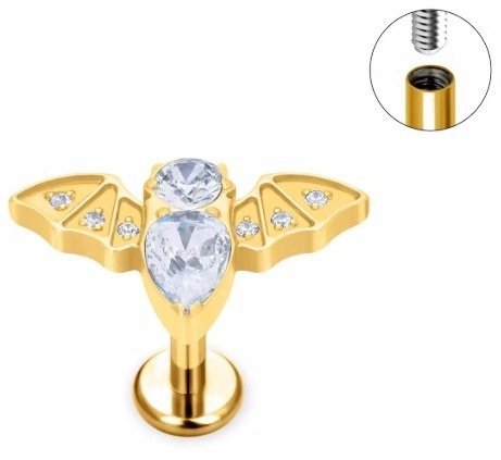 Tytanowy Kolczyk Labret PIERCING z Cyrkoniami Nietoperz HELIX Lobe 1,2/8